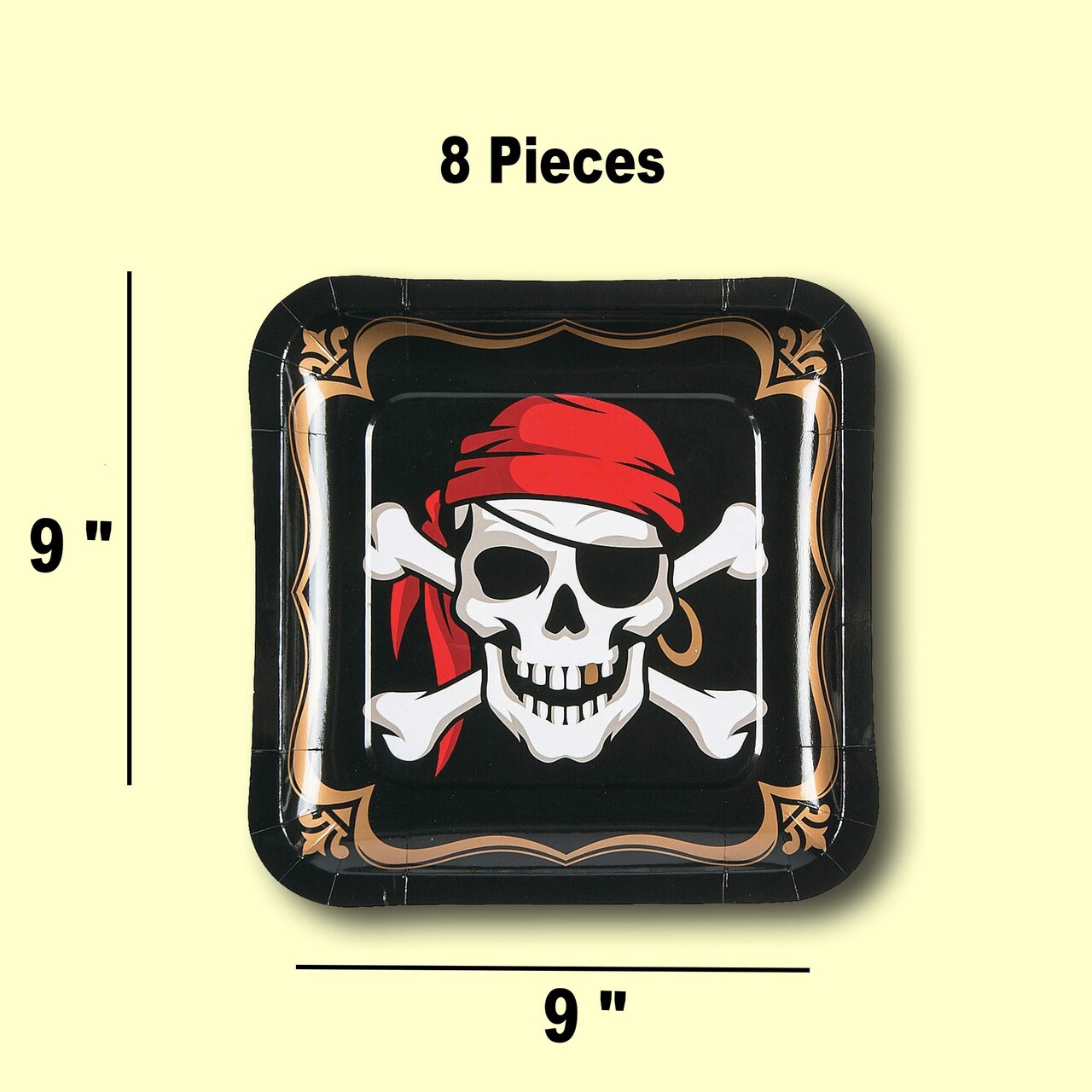 8 Count Pirate Party Square Paper Plates 9 Inch Skull Crossbones Dinner Plates